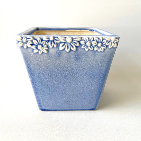 Embossed Floral Crackle Glaze Square Planter Pastel Blue Flower Pot 6" - Picture 1 of 5